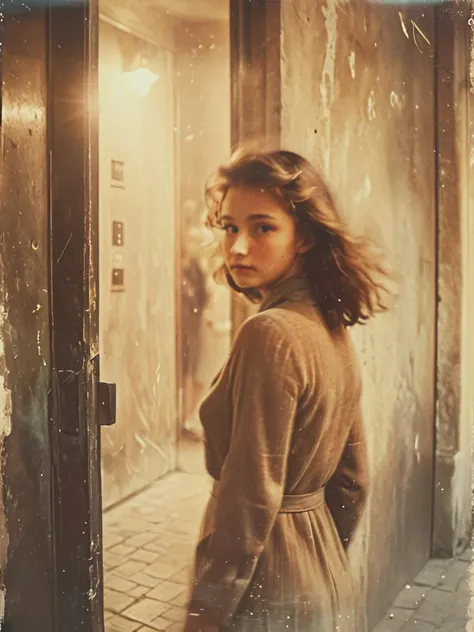 35mm Vintage photo of, young lady staying near entrance Door Wall, <lora:Vintage_Street_Photo:0.8>