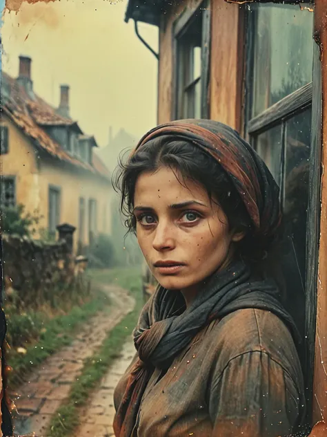 35mm Vintage photo of old House in the european village, misty dusk and fog, faded film, film grain, (exterior:1.1) a close up portrait of middle aged woman, stunning beauty in old ragged torn ripped cotton skirt and headscarf , ground, dirt, black rubber boots, scenery details variety, sad open eyes , <lora:Vintage_Street_Photo:0.8>