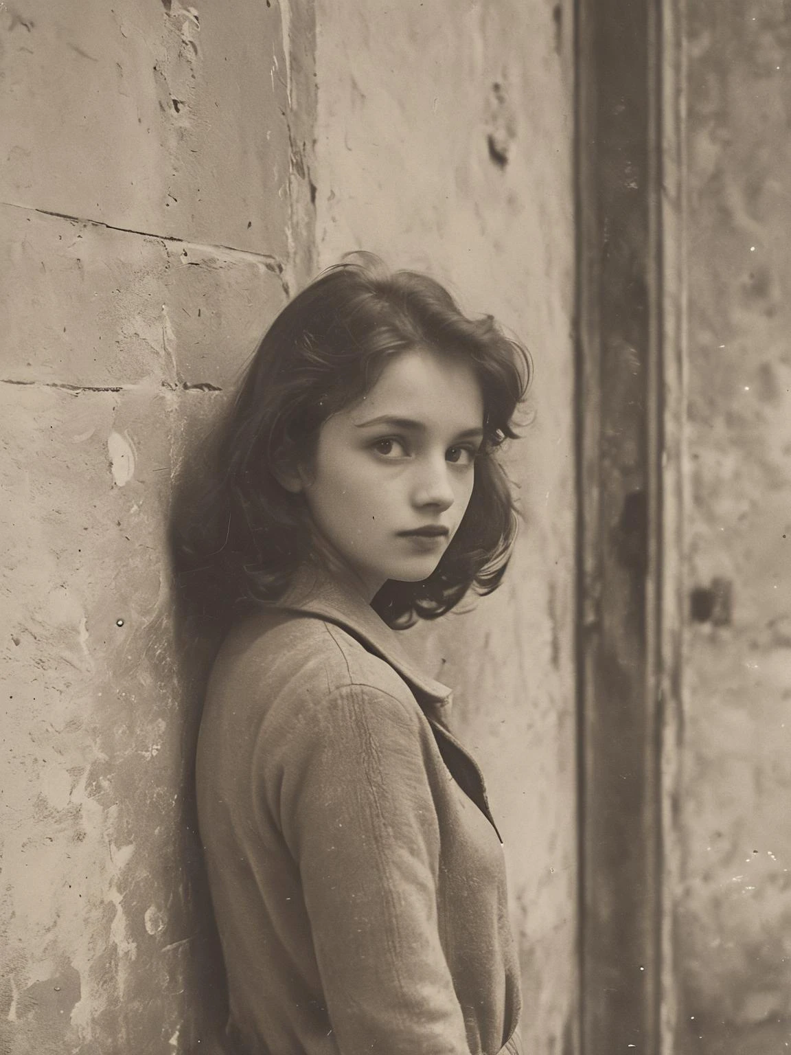35mm Vintage photo of, young lady staying near entrance Door Wall, <lora:Vintage_Street_Photo:0.8>