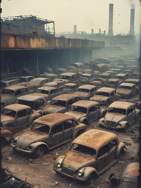 35mm Vintage photo of, , junkyard, old rusty cars, mechanics, oily, quality, shelter, rusty, cogs, heavy smog, aerial perspective, vapor, abandoned, buggy, delerict, conceptual hyperaesthetic portrait photo, <lora:Vintage_Street_Photo:0.8>