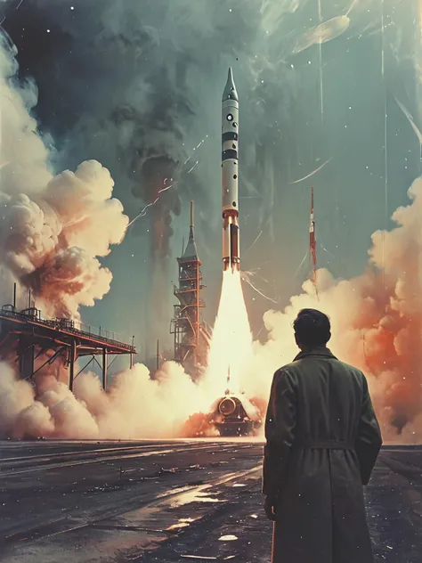 35mm Vintage photo of scientist, in the background there is a rocket ready for launch, smoke is coming out of the nozzle, retro futurism, art by Bruce McCall
<lora:Vintage_Street_Photo:0.9>