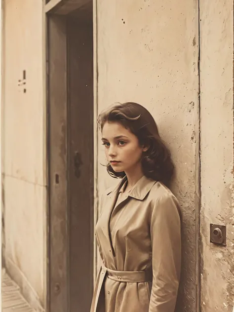 35mm Vintage photo of, young lady staying near entrance Door Wall, <lora:Vintage_Street_Photo:0.8>