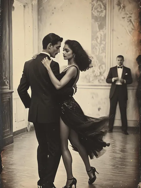 35mm Vintage photo of beautiful artwork illustration, (portrait composition:1.5), ballroom couple of dancers dancing together, beautiful woman, latina,highly detailed face,perfect makeup, long legs, lowcut back, BREAK goodlooking man, tall, black tuxedo, BREAK ((best quality)), ((masterpiece)), (detailed), <lora:Vintage_Street_Photo:0.8>