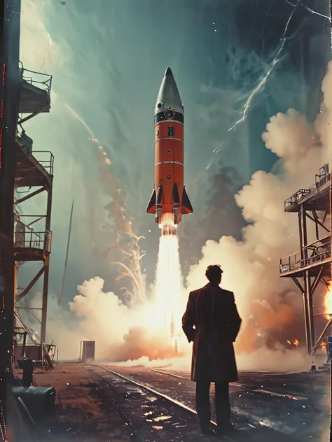 35mm Vintage photo of scientist, in the background there is a rocket ready for launch, smoke is coming out of the nozzle, retro futurism, art by Bruce McCall
<lora:Vintage_Street_Photo:0.9>