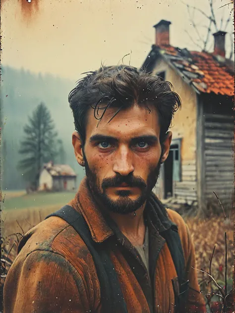 photo by franco fontana, lone lumberjack and a vivid contrasting scene featuring a small, old abandoned house , very detailed, atmospheric haze, skin pores, imperfections, natural, shallow dof, <lora:Vintage_Street_Photo:0.9>