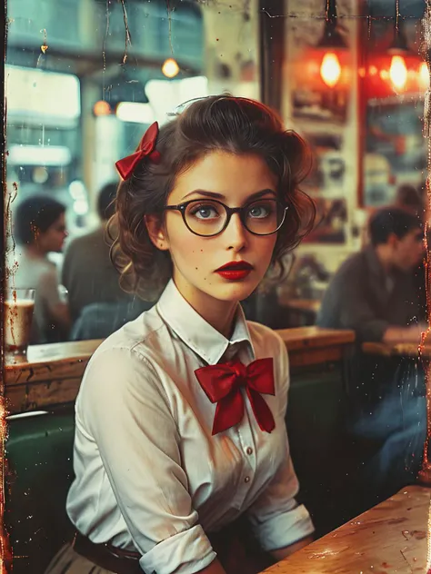 35mm Vintage photo of, waist and torso portrait , portrait of a young, nerdy woman sitting in a cafe, wearing a white shirt and a bow, a cozy atmosphere, eye contact , red lips,highly professional, dramatic lighting, dynamic pose,
Richard Avedon style, <lora:Vintage_Street_Photo:1> ,