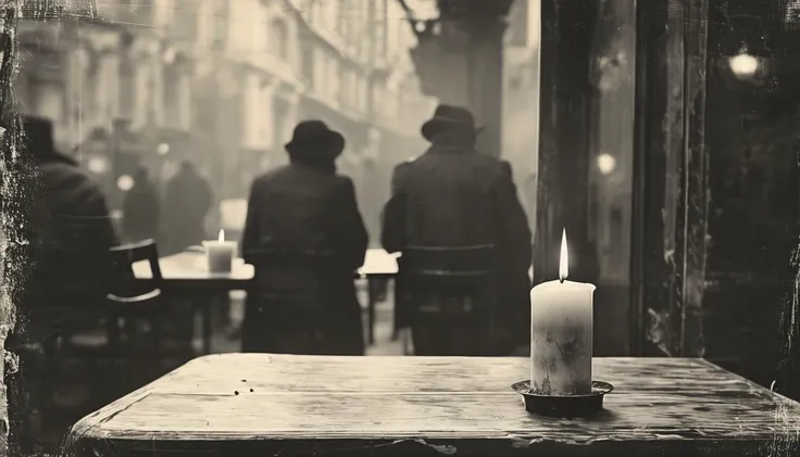 B&W Vintage street photo of a candle on a table <lora:Vintage_Street_Photo:1>