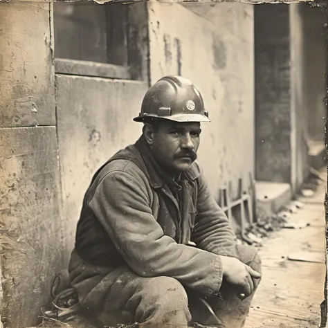 35mm Vintage photo of a tired steel worker, sitting on the curb, construction site, <lora:Vintage_Street_Photo:1>