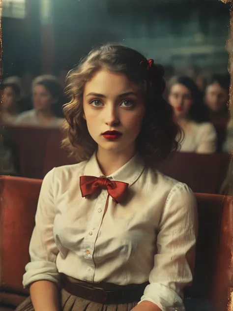 35mm Vintage photo of, waist and torso portrait , portrait of a young, nerdy woman sitting in a theater, wearing a white shirt and a bow, a cozy atmosphere, eye contact , red lips,highly professional, dramatic lighting, dynamic pose,
Julia Margaret Cameron photo , <lora:Vintage_Street_Photo:1> ,