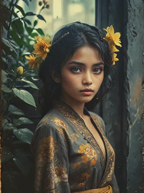 35mm Vintage photo of Exotic Girl in a Traditional Clothes, Flowers, Natural Light, Highest Detail, Cinematic, Full Body, (Detailed Face Skin:1.6), (skin imperfections:1.4), Sharp Focus, Head Tilt, Looking at the Camera, cozy, slate gray atmosphere, soft cinematic light, <lora:Vintage_Street_Photo:0.8>