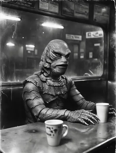 Gill_man sitting in a new york city diner at night, cinematic, dramatic, damaged film, black and white, cup of coffee, Creature from the Black Lagoon, <lora:Vintage_Street_Photo:0.8>, <lora:Gill-man_Retro_Swamp_Monster_SDXL:0.8>,