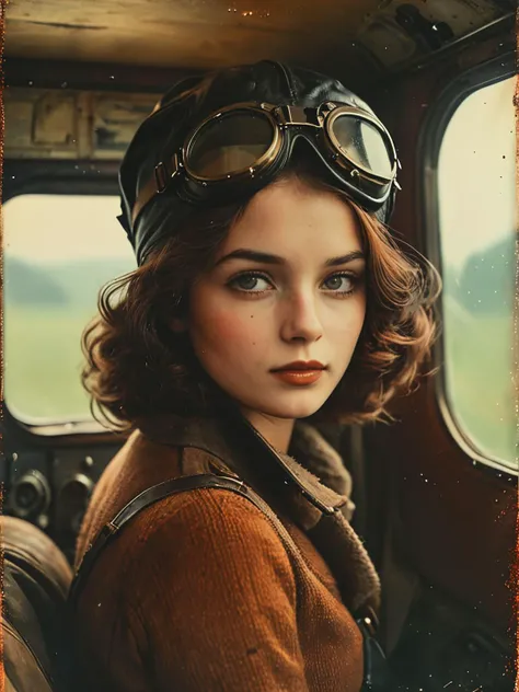 35mm Vintage photo of girl pilot, waist and torso portrait in aircraft cabin , 3/4 view, leather aviator helmet, goggles, masterpiece, best quality, Ultra high resolution, (deteiled skin:1.4) , cozy, slate gray atmosphere, soft cinematic light <lora:Vintage_Street_Photo:0.8>