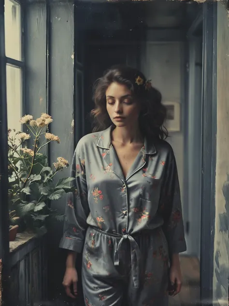 35mm Vintage photo of, the language of flowers, pyjamas, a secret passageway, photolab, lightroom, cozy, slate gray atmosphere, soft cinematic light, <lora:Vintage_Street_Photo:0.8>