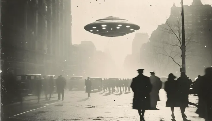 B&W 35mm vintage street photo of an UFO flying in NY <lora:Vintage_Street_Photo:1.0>