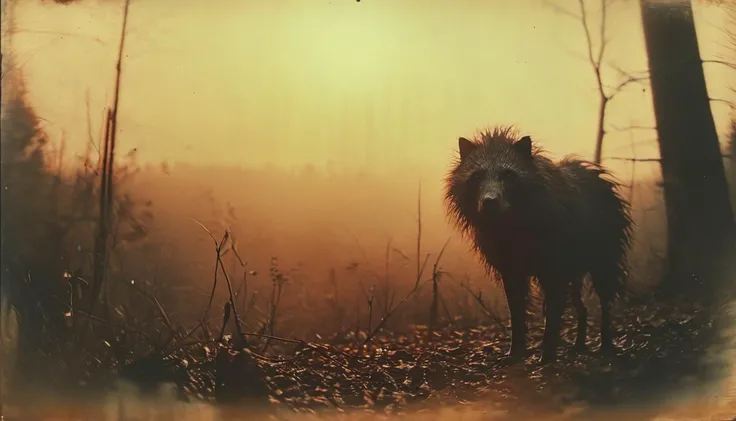 a blurry photograph of a hairy creature, forest, sunset, <lora:Vintage_Street_Photo:1>