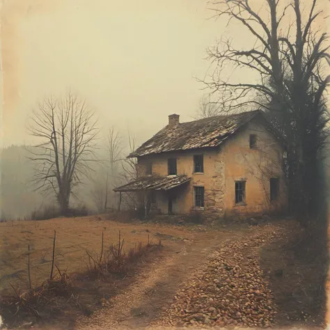 a blurry photograph of a desolate farm house, forest, sunrise, <lora:Vintage_Street_Photo:1>