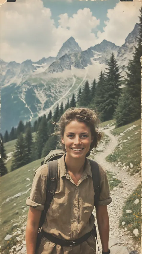 35mm Vintage photo of, one happy professional hiker in austrian alps in summer, <lora:Vintage_Street_Photo:0.85>