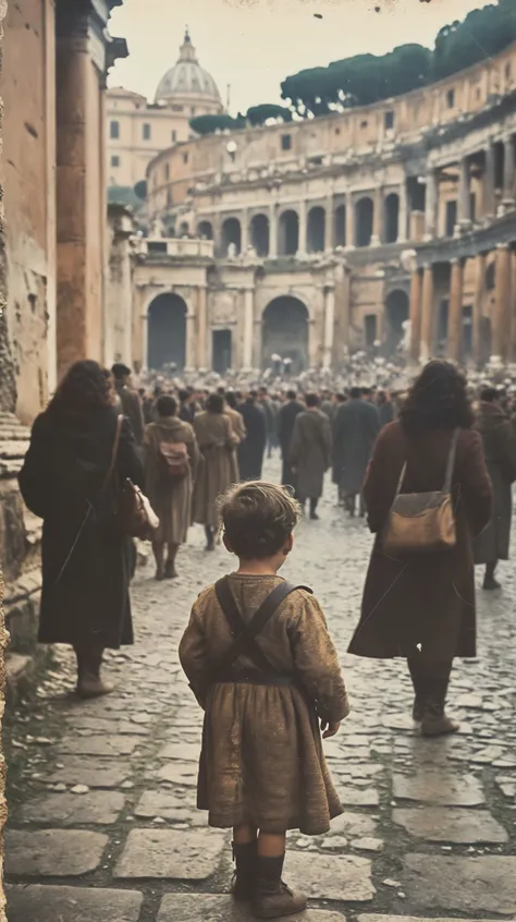35mm Vintage photo of, lonely child stand in crowded ancient rome, <lora:Vintage_Street_Photo:0.85>