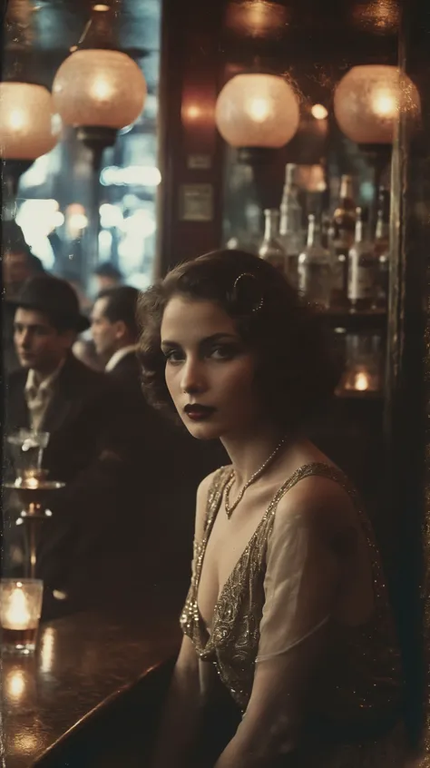 Uma imagem de um investigador dos anos 20, adornado com um traje glamoroso de detetive estilo melindrosa, investigando um bar da era do jazz. The scene exudes the charm and allure of the 1920s, com jazz sensual tocando ao fundo e uma pitada de intriga no ar.