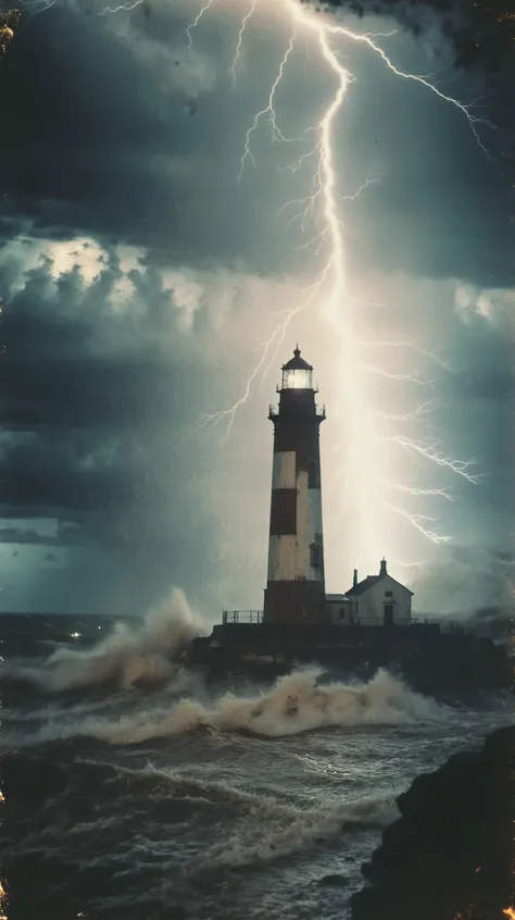 35mm Vintage photo of, lightouse by the sea in stormy night with lightnings, <lora:Vintage_Street_Photo:0.85>
