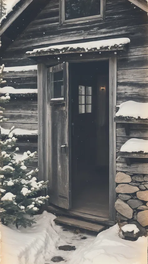 35mm Vintage photo of, someone left the door open of an alpine cottage in canadian mountains during winter, <lora:Vintage_Street_Photo:0.85>