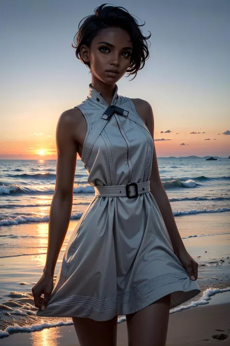 ((ultra detailed, masterpiece, best quality))
<lora:CyberTBug:0.8>
CyberTBug, 1girl, solo, very short hair, very dark skin, On a beach during a vibrant sunset, sundress, playing with the waves