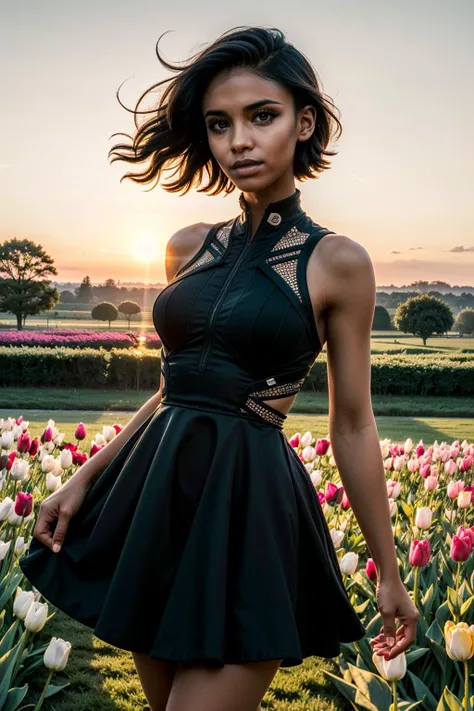 ((ultra detailed, masterpiece, best quality))
 <lora:CyberTBug:0.8>
CyberTBug, 1girl, solo, short hair, very dark skin, In a field of tulips at golden hour, elegant dress, twirling with joy