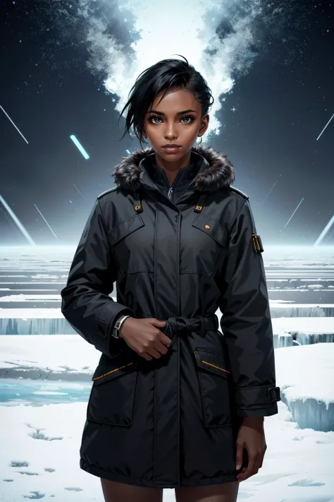 ((ultra detailed, masterpiece, best quality))
 <lora:CyberTBug:0.8>
CyberTBug, 1girl, solo, very short hair, very dark skin, exploring the vast, icy expanse of the Arctic, wrapped in a warm fur-lined coat