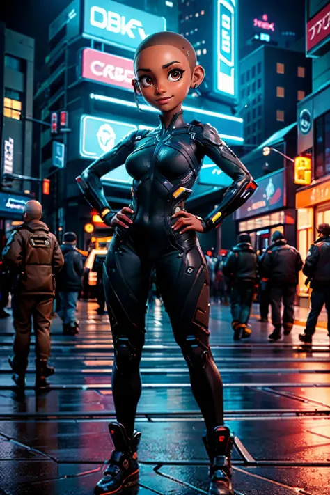 CyberTBug, bald, dark skin, brown eyes, bodysuit, black footwear, looking at viewer,smiling, full body shot, standing, hand on hip, outside, city, street, crowd, neon lighting, futuristic, high quality, masterpiece,  <lora:CyberTBug:.7>