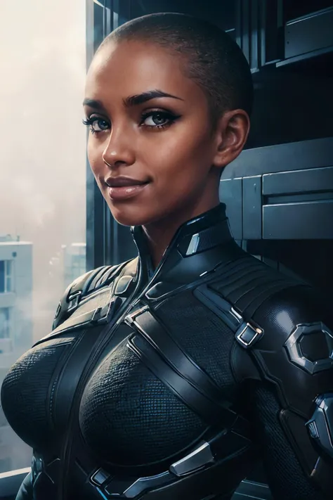 CyberTBug, bald, dark skin, brown eyes, bodysuit, looking at viewer,smiling, portrait, foggy background, high quality, masterpiece, <lora:CyberTBug:.7>