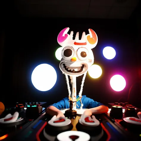 real photo of ukj (deadmau5) <lora:forky_v10:0.9>, seductive, dj, confident, smiles, edm rave lighting, best quality
