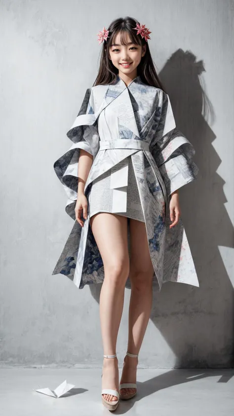 masterpiece, best quality,highres, a girl wearing origami styled clothing, <lora:Newspaper:0.4>, (newspaper background:0.8), full body, thick hair, (smile:0.8), <lora:more_details:0.7>