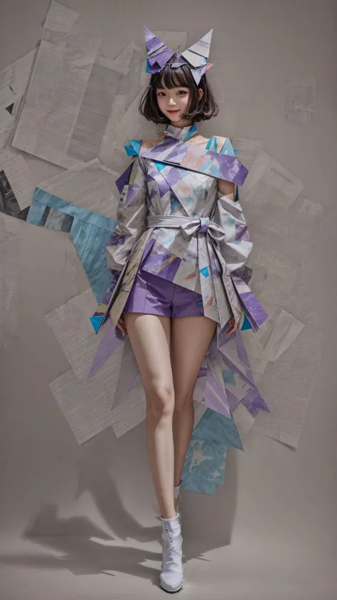 masterpiece, best quality,highres, a girl wearing origami styled functional design clothing, <lora:Newspaper:0.4>, (newspaper background:0.8), thick hair, (smile:0.3),Excellent head-to-shoulder ratio, bangs,detailed face, <lora:more_details:0.7>, full body, purple theme