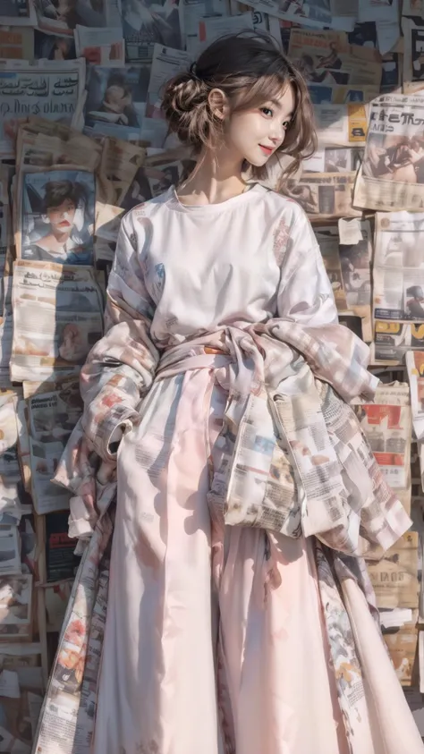 Best quality,masterpiece,ultra high res,raw photo,soft light,beautiful and aesthetic,(photorealistic:1.4),(newspaper background:1.5),sport shoes,1girl sitting on a pile of newspapers,(full of white newspapers sticked on the background:1.2),solo,hands in pockets,looking at viewer,standing,harem pants,(light purple very long hair:1.5),(blue collared jacket:1.5),(colorful:1.3),the coat is tied around the waist,long hair,wide sleeves,wide-leg trousers,
<lora:more_details:0.7>,<lora:Newspaper:0.6>,