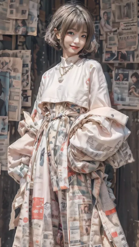 Best quality,masterpiece,ultra high res,raw photo,soft light,beautiful and aesthetic,(photorealistic:1.4),(newspaper background:1.5),sport shoes,1girl sitting on a pile of newspapers,(full of white newspapers sticked on the background:1.2),solo,hands in pockets,looking at viewer,standing,harem pants,(pink double bun:1.5),(aqua navel:1.5),(colorful:1.3),the coat is tied around the waist,long hair,wide sleeves,wide-leg trousers,
<lora:more_details:0.7>,<lora:Newspaper:0.6>,