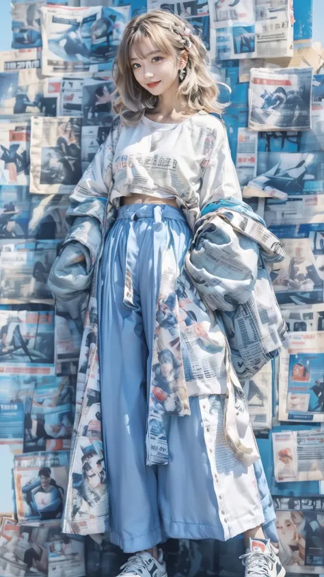 Best quality,masterpiece,ultra high res,raw photo,soft light,beautiful and aesthetic,(photorealistic:1.4),(newspaper background:1.5),sport shoes,1girl sitting on a pile of newspapers,(full of white newspapers sticked on the background:1.2),solo,hands in pockets,looking at viewer,standing,harem pants,(blonde very long hair:1.5),(colorful:1.3),the coat is tied around the waist,long hair,wide sleeves,wide-leg trousers,
<lora:more_details:0.7>,<lora:Newspaper:0.6>,