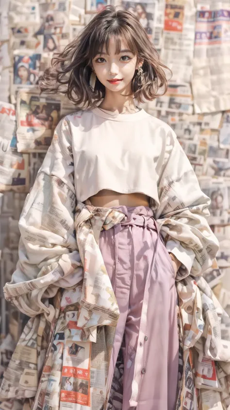 Best quality,masterpiece,ultra high res,raw photo,soft light,beautiful and aesthetic,(photorealistic:1.4),(newspaper background:1.5),sport shoes,1girl sitting on a pile of newspapers,(full of white newspapers sticked on the background:1.2),solo,hands in pockets,looking at viewer,standing,harem pants,(purple one side up:1.5),(light brown camisole:1.5),(colorful:1.3),the coat is tied around the waist,long hair,wide sleeves,wide-leg trousers,
<lora:more_details:0.7>,<lora:Newspaper:0.6>,