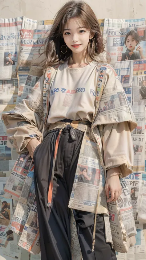Best quality,masterpiece,ultra high res,raw photo,soft light,beautiful and aesthetic,(photorealistic:1.4),(newspaper background:1.5),sport shoes,1girl sitting on a pile of newspapers,(full of white newspapers sticked on the background:1.2),solo,hands in pockets,looking at viewer,standing,harem pants,(blonde very long hair:1.5),(orange military jacket:1.5),(colorful:1.3),the coat is tied around the waist,long hair,wide sleeves,wide-leg trousers,
<lora:more_details:0.7>,<lora:Newspaper:0.6>,