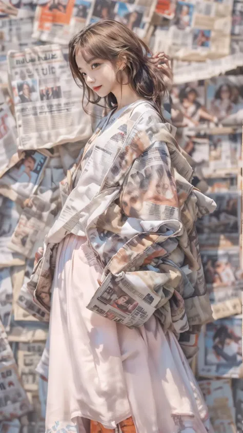 Best quality,masterpiece,ultra high res,raw photo,soft light,beautiful and aesthetic,(photorealistic:1.4),(newspaper background:1.5),sport shoes,1girl sitting on a pile of newspapers,(full of white newspapers sticked on the background:1.2),solo,hands in pockets,looking at viewer,standing,harem pants,(purple one side up:1.5),(light brown camisole:1.5),(colorful:1.3),the coat is tied around the waist,long hair,wide sleeves,wide-leg trousers,
<lora:more_details:0.7>,<lora:Newspaper:0.6>,