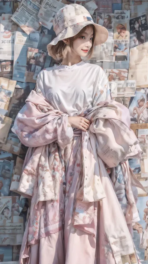 Best quality,masterpiece,ultra high res,raw photo,soft light,beautiful and aesthetic,(photorealistic:1.4),(newspaper background:1.5),sport shoes,1girl sitting on a pile of newspapers,(full of white newspapers sticked on the background:1.2),solo,hands in pockets,looking at viewer,standing,harem pants,(light purple very long hair:1.5),(blue collared jacket:1.5),(colorful:1.3),the coat is tied around the waist,long hair,wide sleeves,wide-leg trousers,
<lora:more_details:0.7>,<lora:Newspaper:0.6>,
