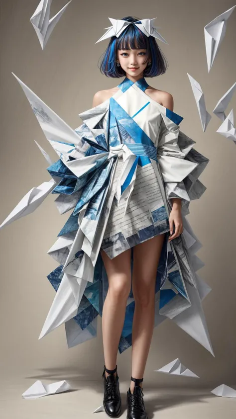 masterpiece, best quality,highres, a girl wearing origami styled functional design clothing, <lora:Newspaper:0.4>, (newspaper background:0.8), thick hair, (smile:0.3),Excellent head-to-shoulder ratio, bangs,detailed face, <lora:more_details:0.7>, full body, colored hair