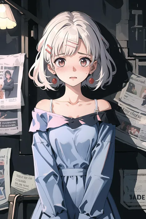 (best quality, masterpiece, highres), 1girl, solo, [(white hair) | (blue hair)], hairclip, off-shoulder dress, 
blush, shy, scared, 
newspaper background, night, 
 <lora:Newspaper:1>