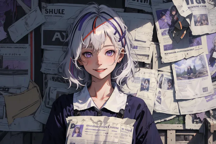 (best quality, masterpiece, highres), 1girl, solo, long hair, white hair, purple eyes, streaked hair, hairclip,
smile, closed mouth, looking at viewer,
newspaper background, <lora:Newspaper:1>