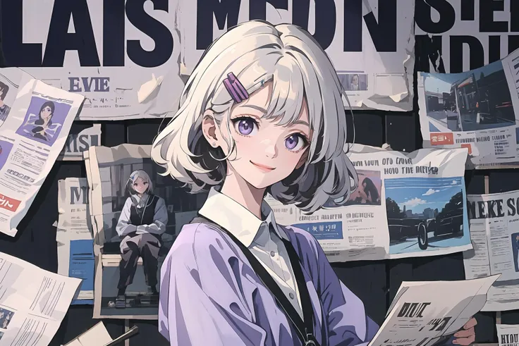 (best quality, masterpiece, highres), 1girl, solo, [(white hair) | (gradient hair)], purple eyes, hairclip,  
smile, closed mouth, looking at viewer, 
newspaper background,  <lora:Newspaper:1>