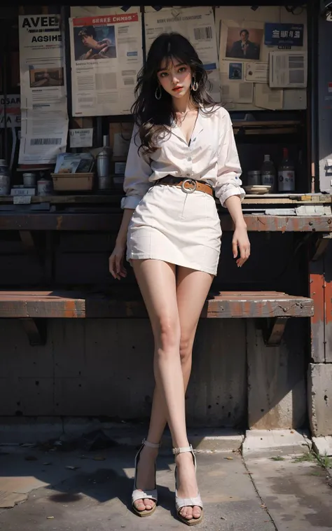 Best quality, masterpiece, ultra high res, raw photo, beautiful and aesthetic,deep shadow, dark theme,(photorealistic:1.4),
1girl, pantyhose,
full-body composition, striking perspective,
newspaper background