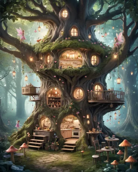 magical forest with fairies and a kitchen standing in the middle of it, (inside a tree:1.2)