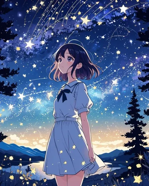 anime comic style 1girl, Design an image showcasing the allure of a starry night sky, with a myriad of twinkling stars, constellations, and the Milky Way.,masterpiece, best quality,