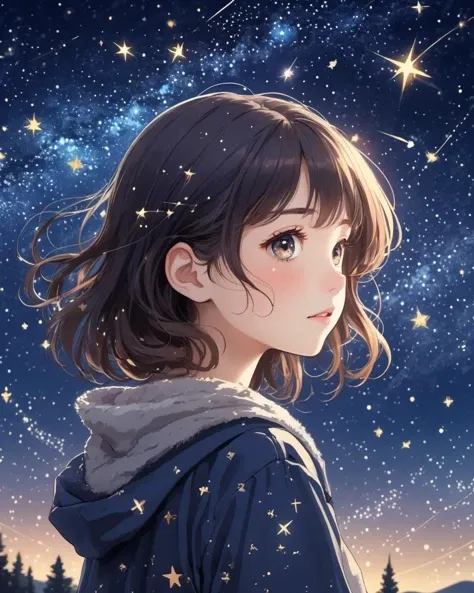 anime style 1girl, Design an image showcasing the allure of a starry night sky, with a myriad of twinkling stars, constellations, and the Milky Way.,masterpiece, best quality,