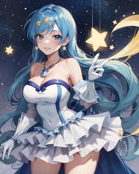 masterpiece, best quality, 1 girl, <lora:houshou_hanon_v1:0.7>, ho1, blue hair, long hair, gloves, star (symbol), necklace, earrings, star hair ornament, dress, large breasts, light smile, cowboy shot