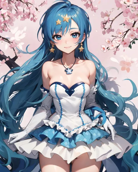 masterpiece, best quality, 1 girl, <lora:houshou_hanon_v1:0.7>, ho1, blue hair, long hair, gloves, star (symbol), necklace, earrings, star hair ornament, dress, medium breasts, light smile, cowboy shot, NSFW